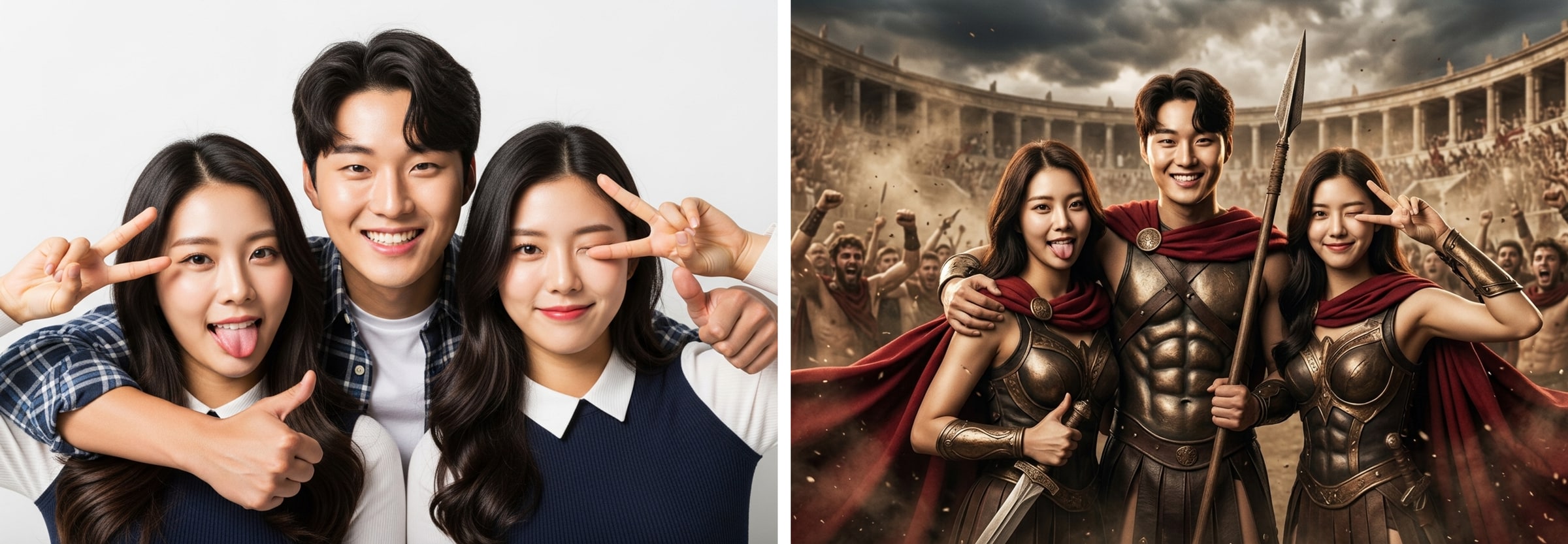 기업 체육대회용 단체 사진의 AI 적용 전후 비교 화면